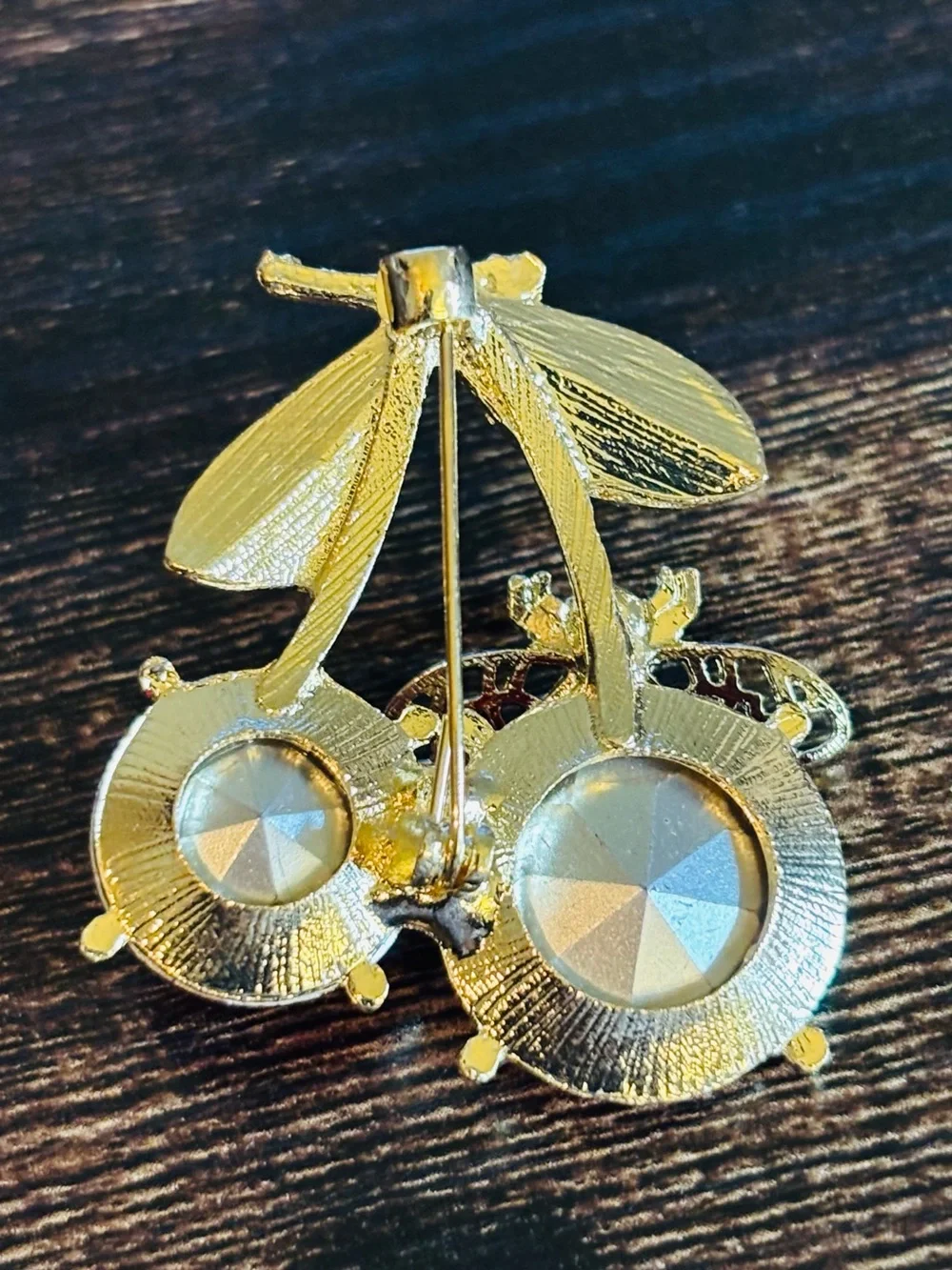 Yellow Bee & Red Cherry Crystal Brooch in Gold‎ Tone